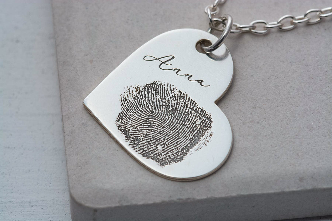 Silver Heart Pendant with Engraved Fingerprint and Childs Name