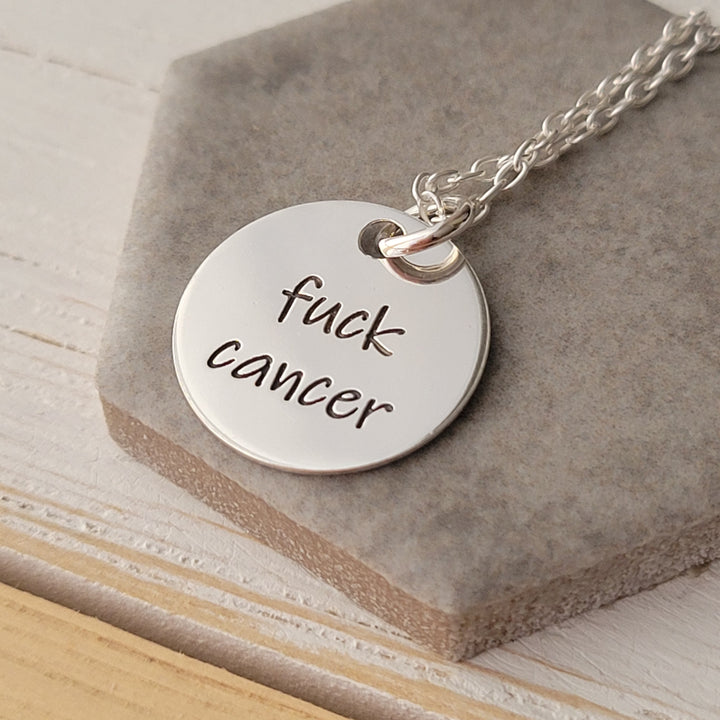 Sterling Silver Necklace 16mm Circle Pendant with Fuck Cancer engraved on the front