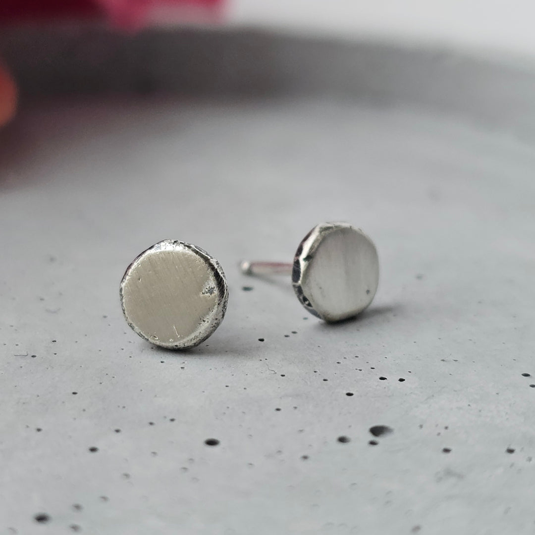 sterling silver simple flattened circle studs, recycled silver with a brushed finish