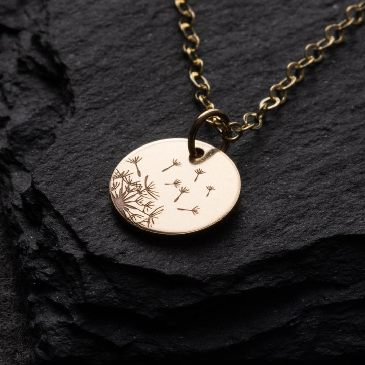 14K Engraved dandelion necklace